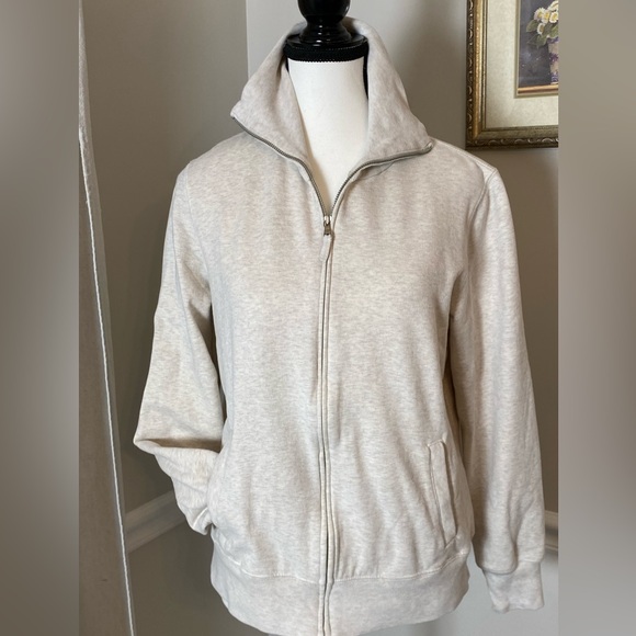 Lands’ End Women’s Heathered Oatmeal Mock Neck Full Zip Fleece Lined Jacket - Picture 2 of 8